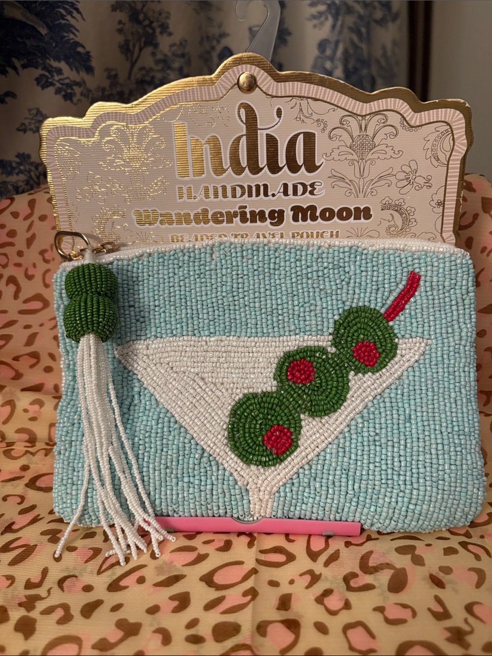 India Handmade Wandering Moon Light Blue Beaded Martini Cosmetic Pouch